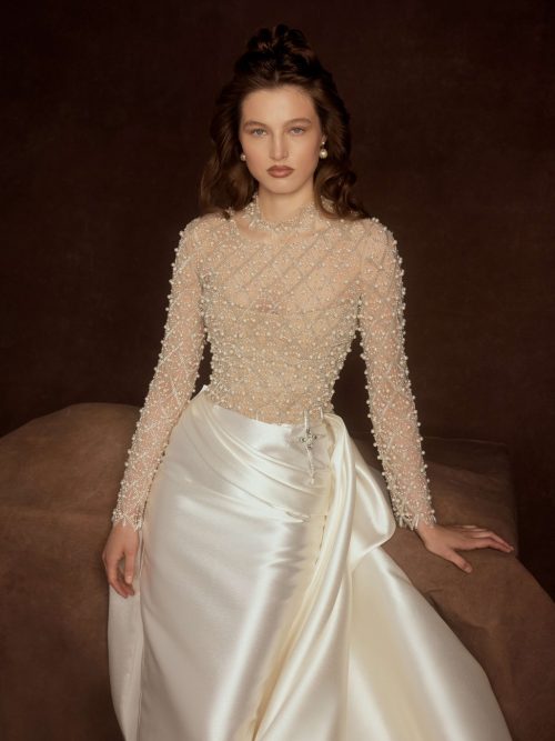 A-line transformable wedding dress Sagittair with pearly top by rara avis at Dell'Amore Bridal, NZ. 4