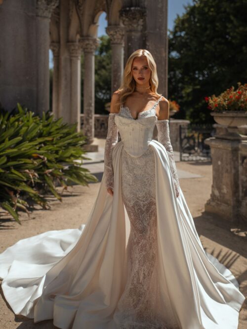 Forte-wedding-dress-with-detachable-satin-train-mini-dress-and-embroidered-corset-nz-5