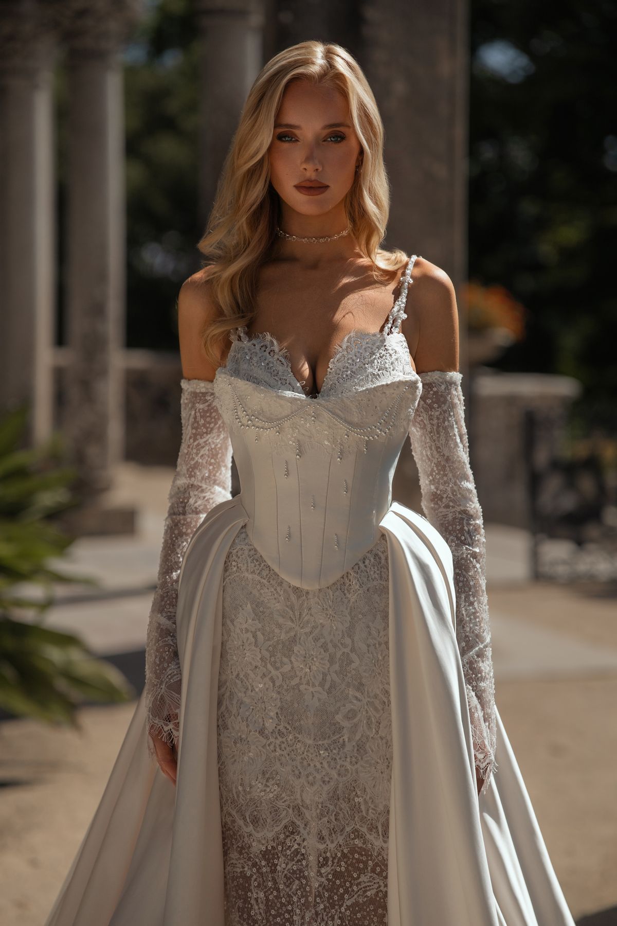 Forte-wedding-dress-with-detachable-satin-train-mini-dress-and-embroidered-corset-nz-4