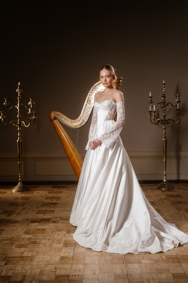 Lace satin wedding dress piano with detachable long sleeves by rara avis at Dell'Amore Bridal, NZ 5
