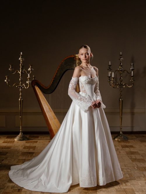 Lace satin wedding dress piano with detachable long sleeves by rara avis at Dell'Amore Bridal, NZ 4