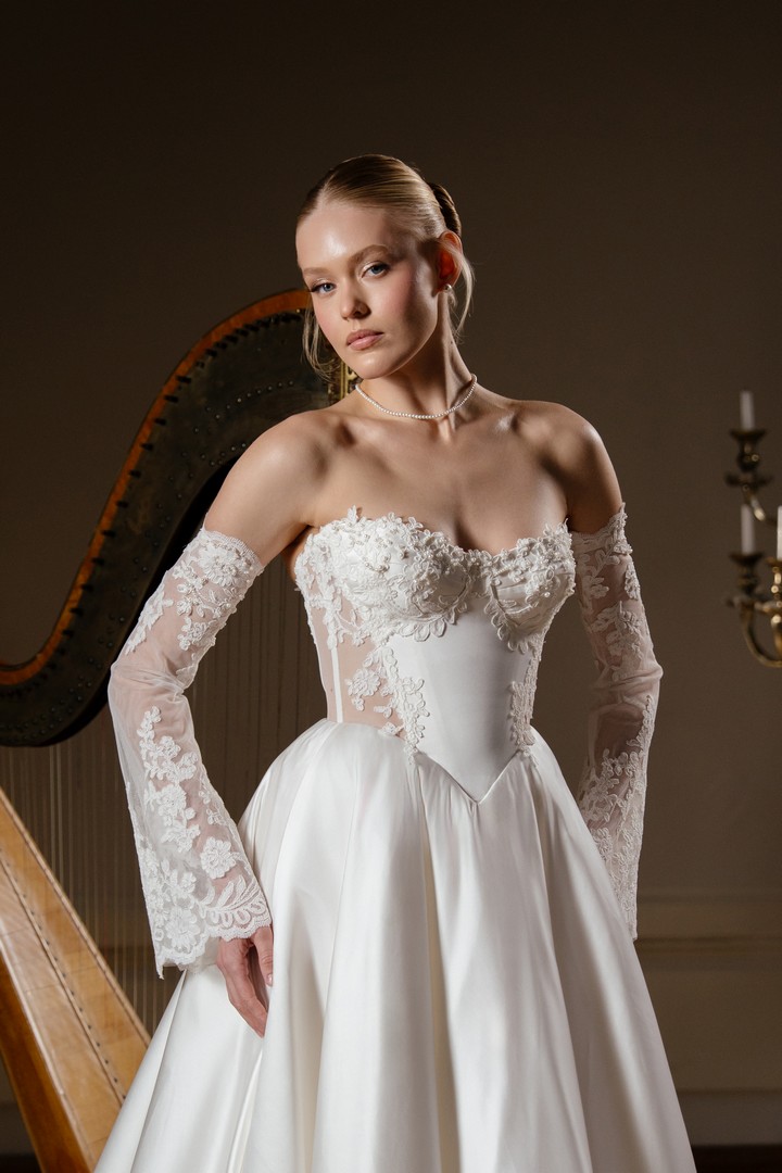 Lace satin wedding dress piano with detachable long sleeves by rara avis at Dell'Amore Bridal, NZ 3
