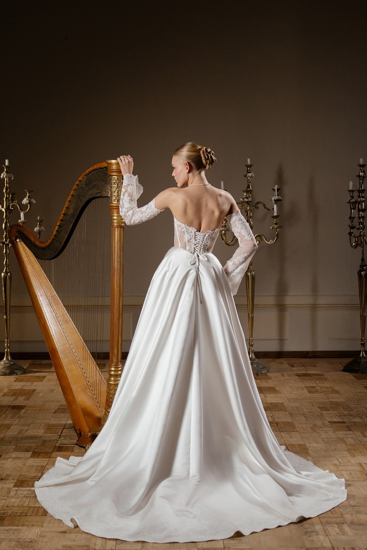 Lace satin wedding dress piano with detachable long sleeves by rara avis at Dell'Amore Bridal, NZ 2