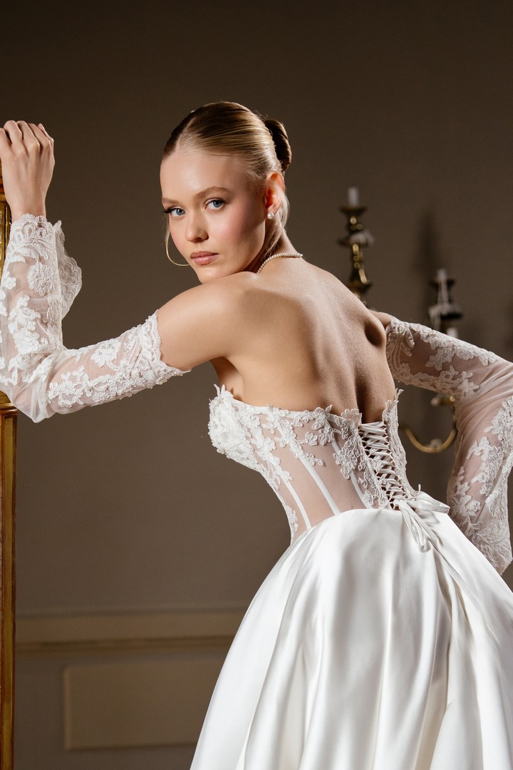 Lace satin wedding dress piano with detachable long sleeves by rara avis at Dell'Amore Bridal, NZ 1