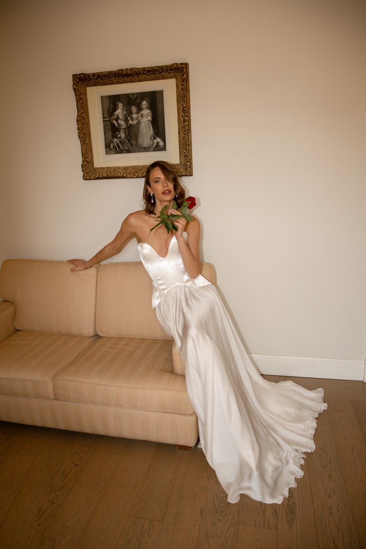 Simple Satin wedding dress Kristi with corset, skirt, scarf by ange etoiles at Dell'Amore Bridal, NZ 1
