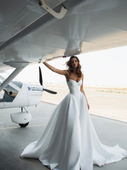 Satin strapless wedding dress Vivian with basque wasit and sweetheart neckline by romanova designer at Dell'Amore Bridal, NZ. 6