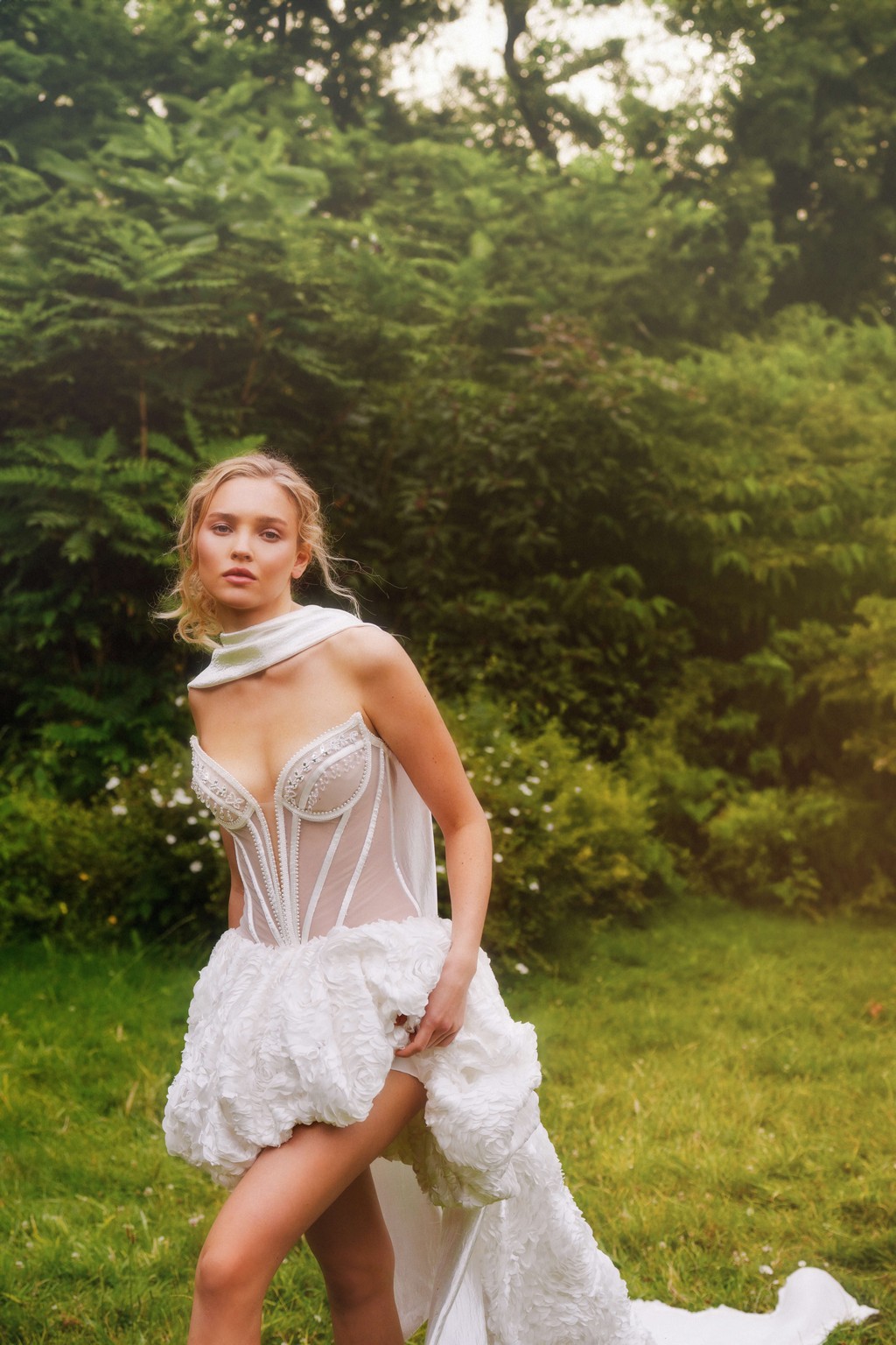 Short wedding dress kolibri with 3D roses puff skirt by rara avis at Dell'Amore Bridal, NZ. 4