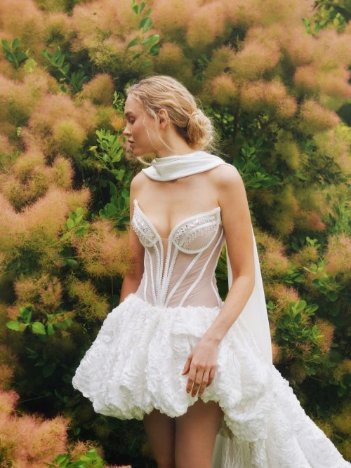Short wedding dress kolibri with 3D roses puff skirt by rara avis at Dell'Amore Bridal, NZ. 2