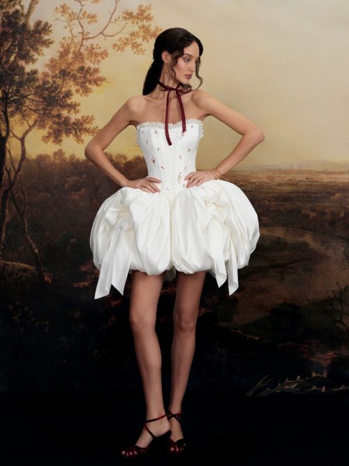 Romantic mini wedding dress Rozariy with hand embroidery of wild flowers by rara avis at Dell'Amore Bridal, NZ.3