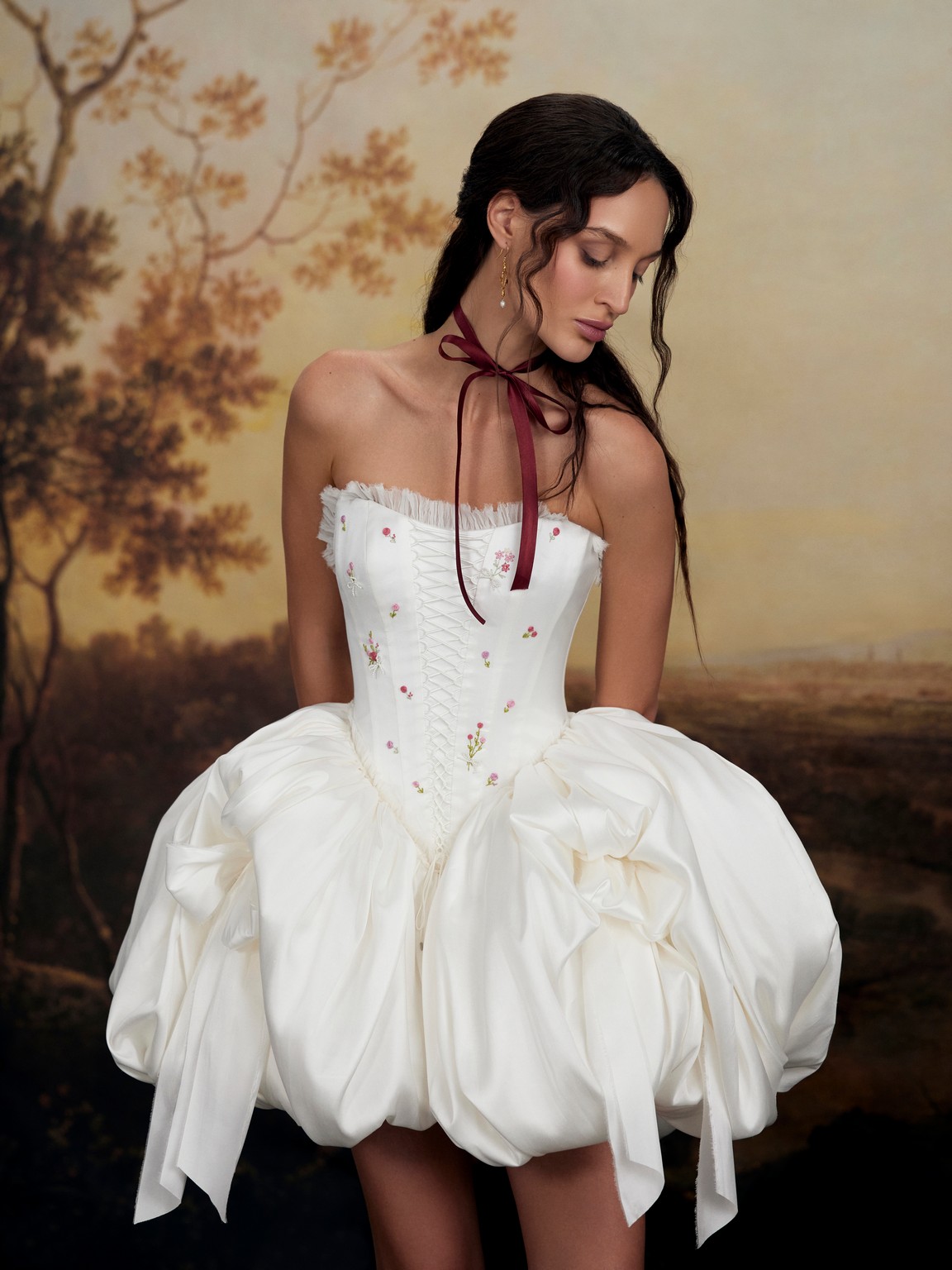 Romantic mini wedding dress Rozariy with hand embroidery of wild flowers by rara avis at Dell'Amore Bridal, NZ. 1