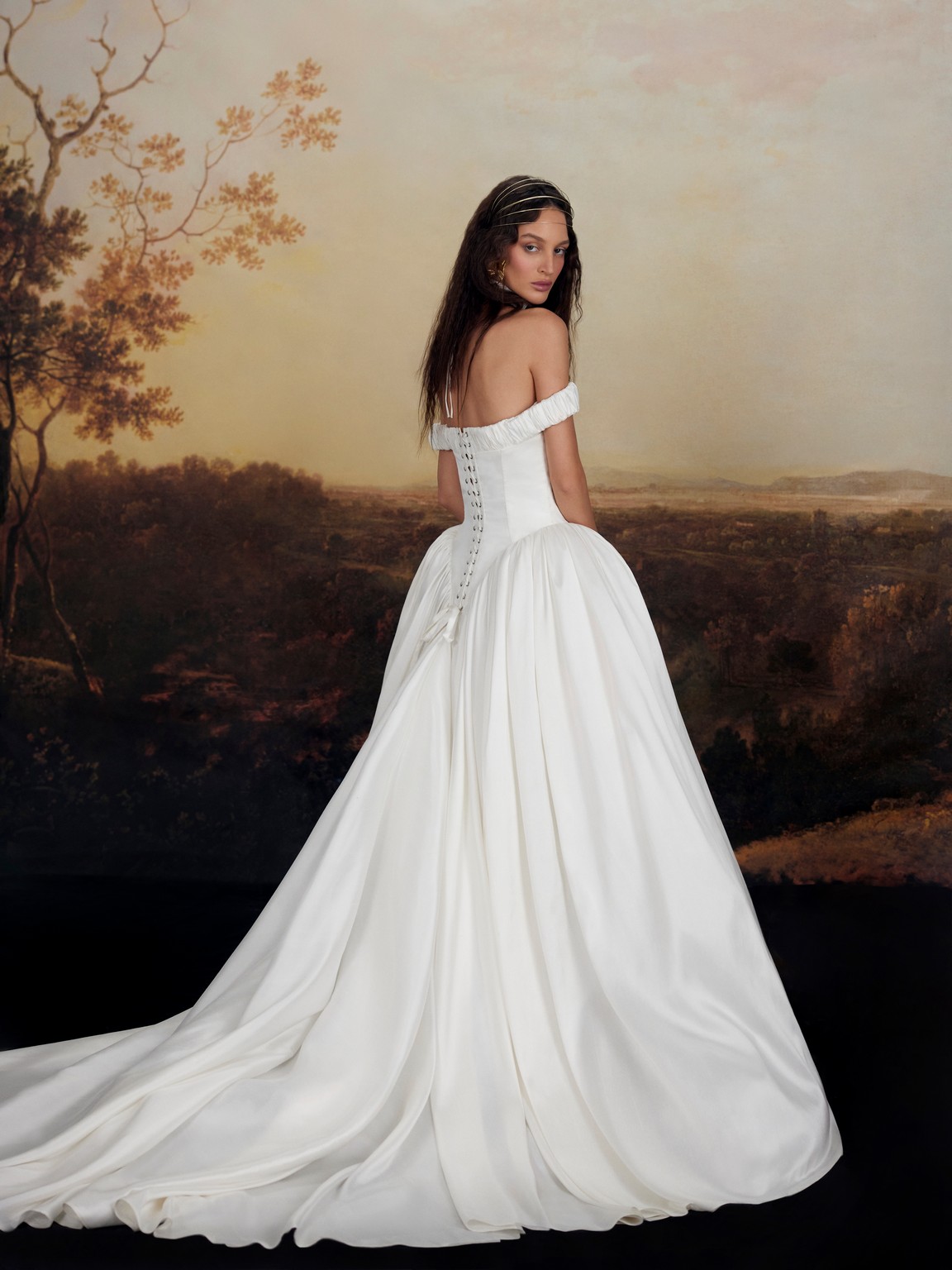 Silk off-shoulder wedding dress Benjamin by rara avis at Dell'Amore Bridal, NZ. 1