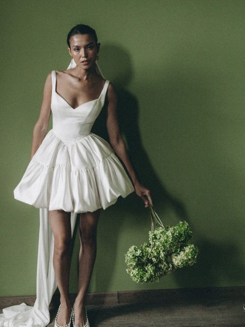 V-neckline satin mini wedding dress Undina by blammo biano at Dell'Amore Bridal, NZ. 1