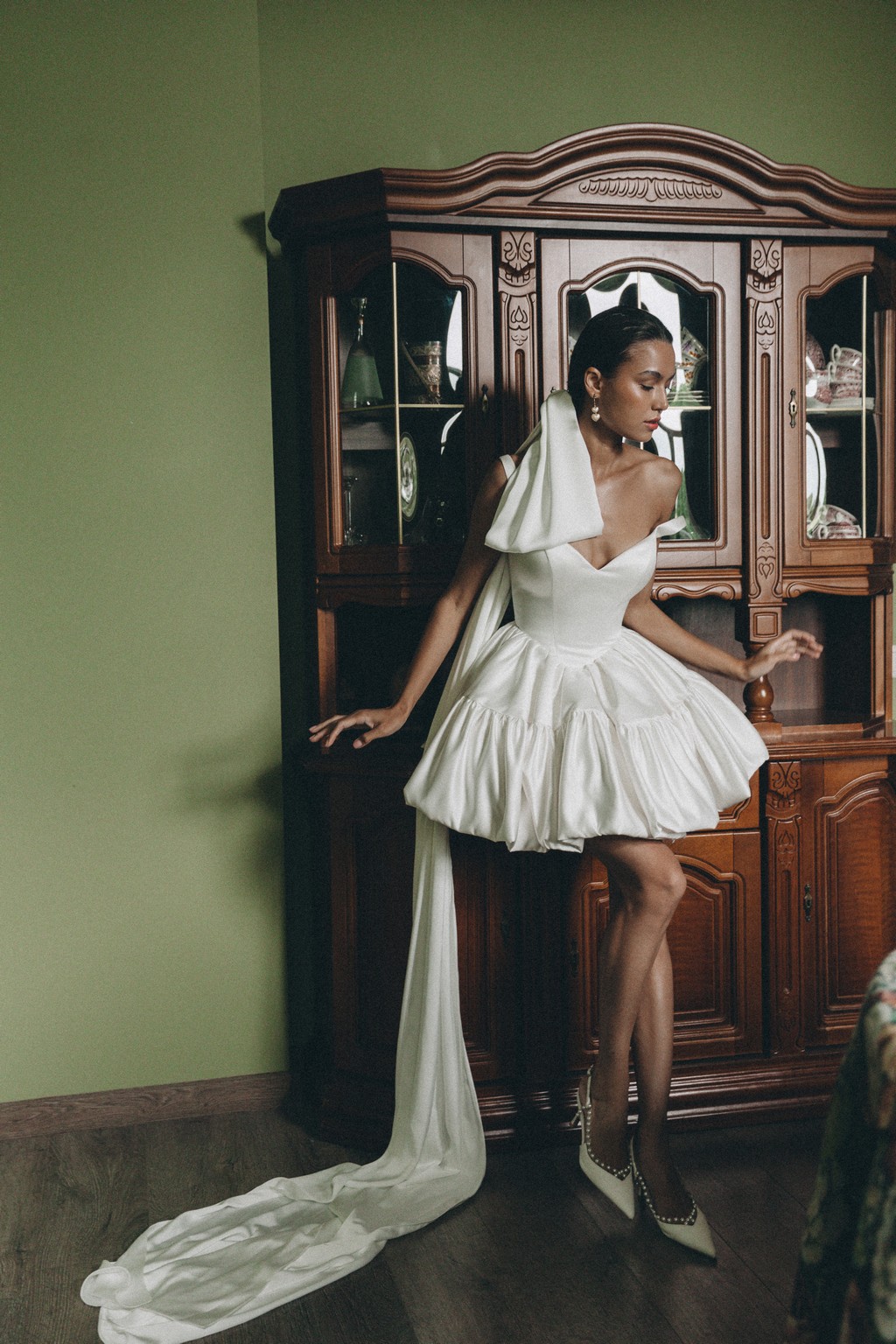 V-neckline satin mini wedding dress Undina by blammo biano at Dell'Amore Bridal, NZ. 2
