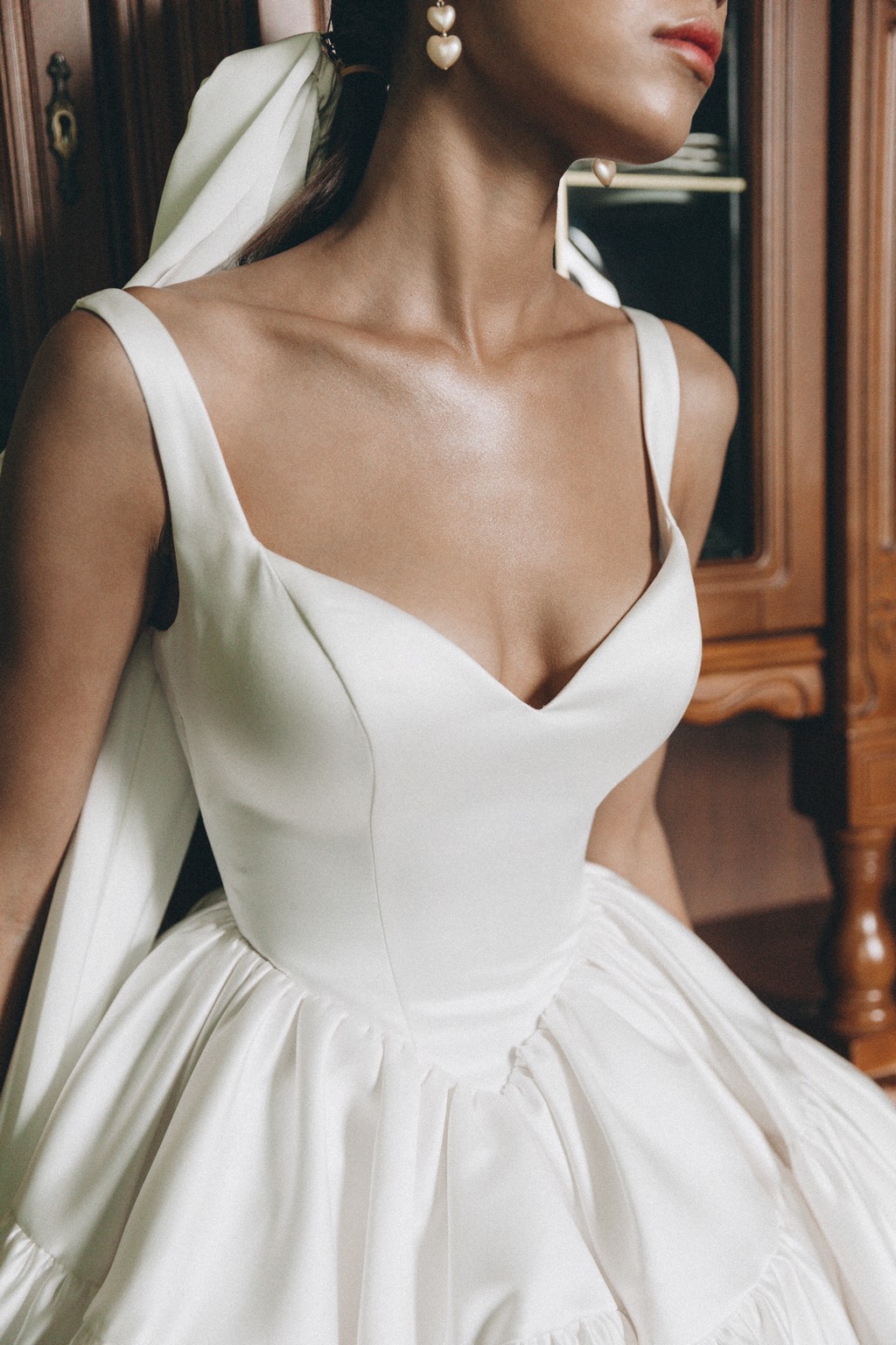 V-neckline satin mini wedding dress Undina by blammo biano at Dell'Amore Bridal, NZ. 3