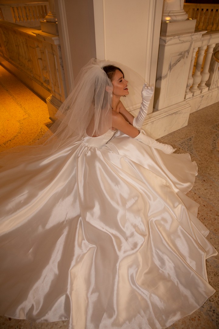 elegant satin wedding dress Maybel decorated with lace by ange etoiles at Dell'Amore Bridal, NZ 4