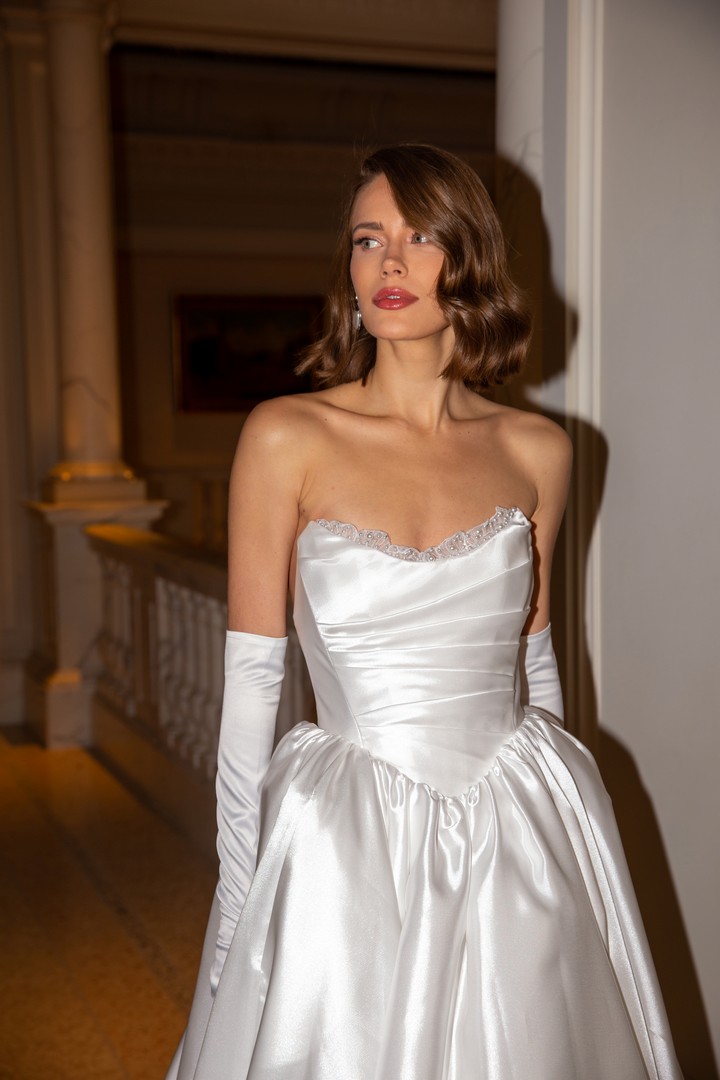 elegant satin wedding dress Maybel decorated with lace by ange etoiles at Dell'Amore Bridal, NZ 3
