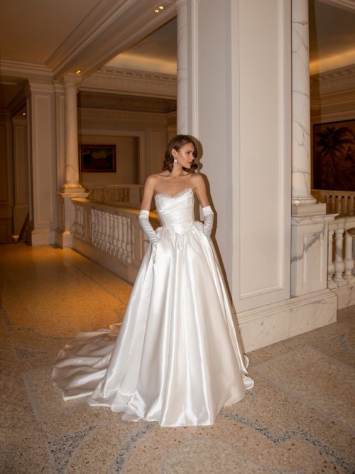 elegant satin wedding dress Maybel decorated with lace by ange etoiles at Dell'Amore Bridal, NZ 2
