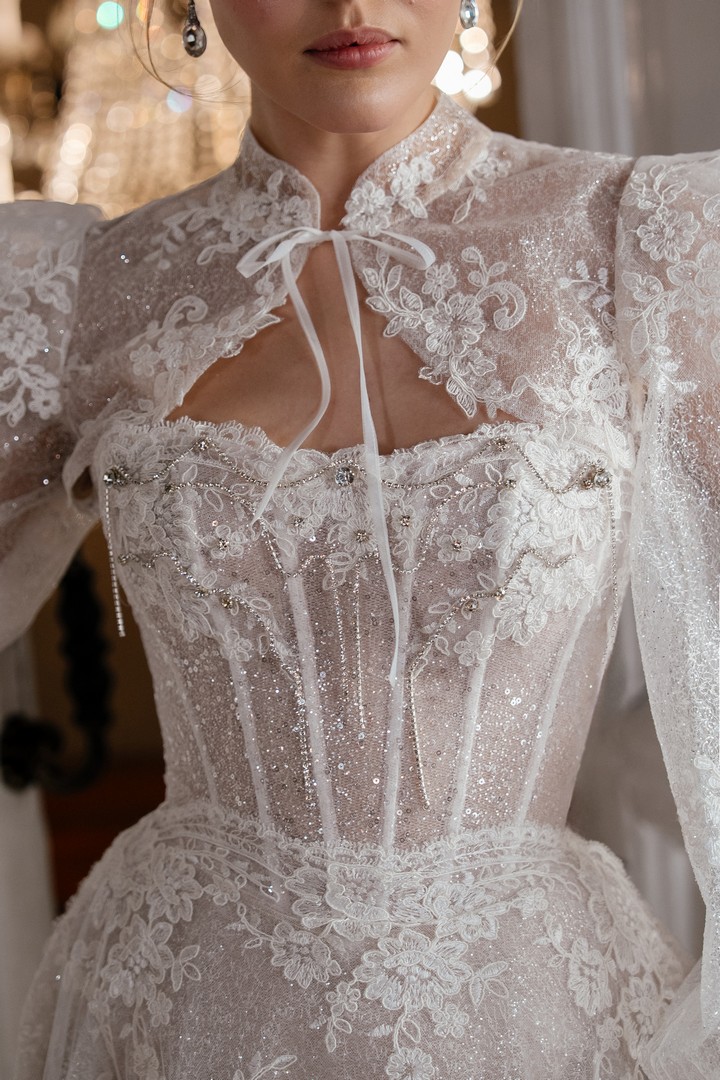 glitter lace wedding dress Ankora with bolero by rara avis at Dell'Amore Bridal, NZ 1