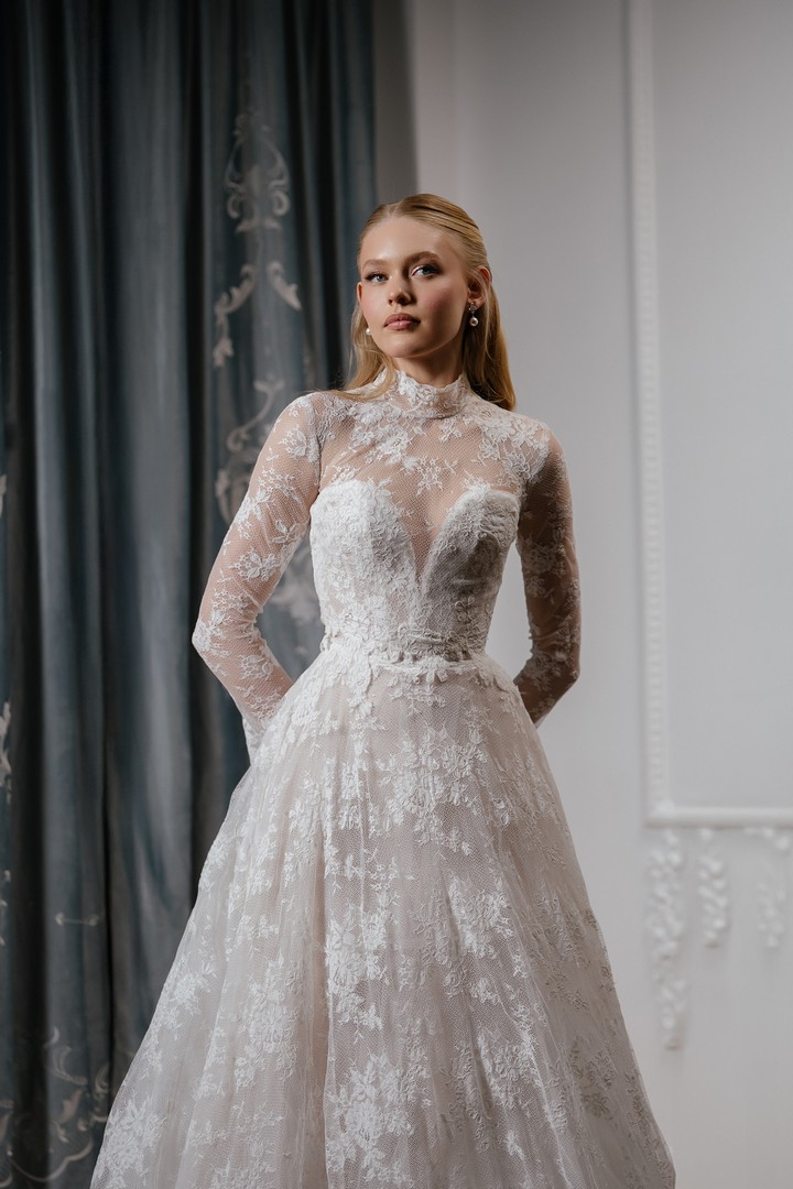 lace modest wedding dress assai with bolero by rara avis at Dell'Amore Bridal, NZ 1