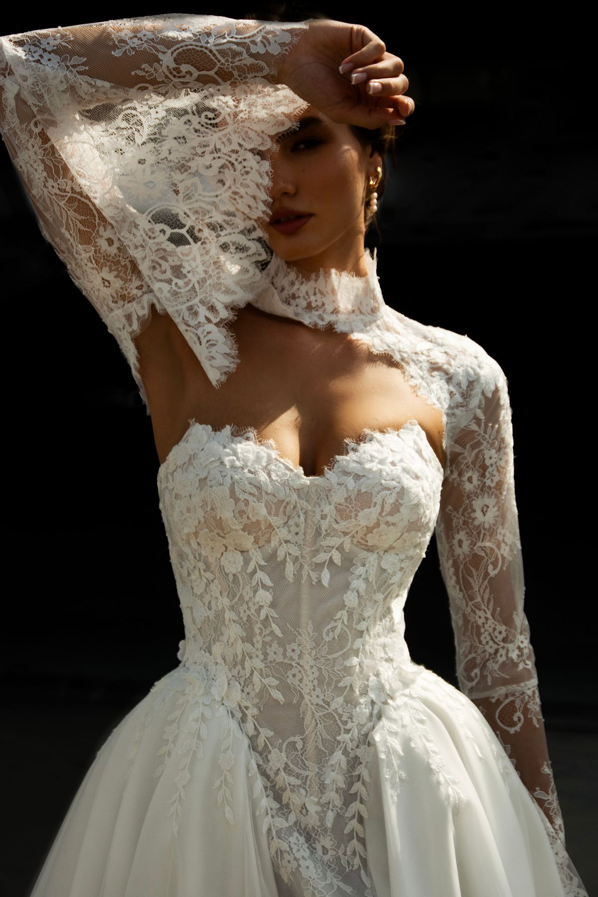 Sweetheart lace satin wedding dress Leontine with basque waist and long lace sleeves by romanova designer at Dell'Amore Bridal, NZ. 4