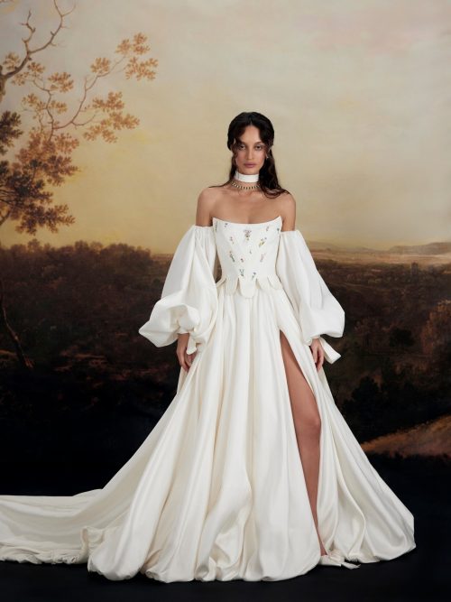 Silk princess wedding dress Francois with detachable voluminous, long sleeves and slit by rara avis at Dell'Amore Bridal, NZ 3