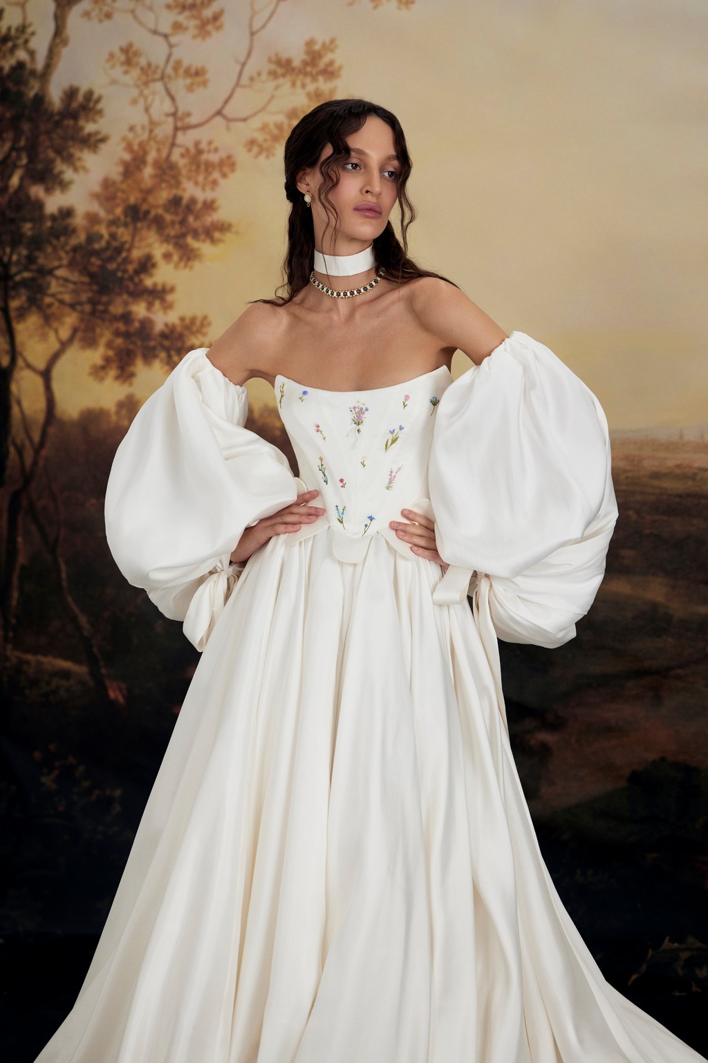 Silk princess wedding dress Francois with detachable voluminous, long sleeves and slit by rara avis at Dell'Amore Bridal, NZ 2