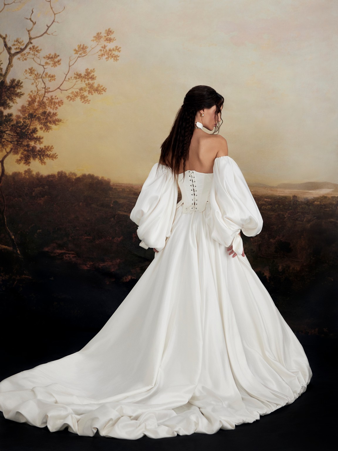 Silk princess wedding dress Francois with detachable voluminous, long sleeves and slit by rara avis at Dell'Amore Bridal, NZ 1