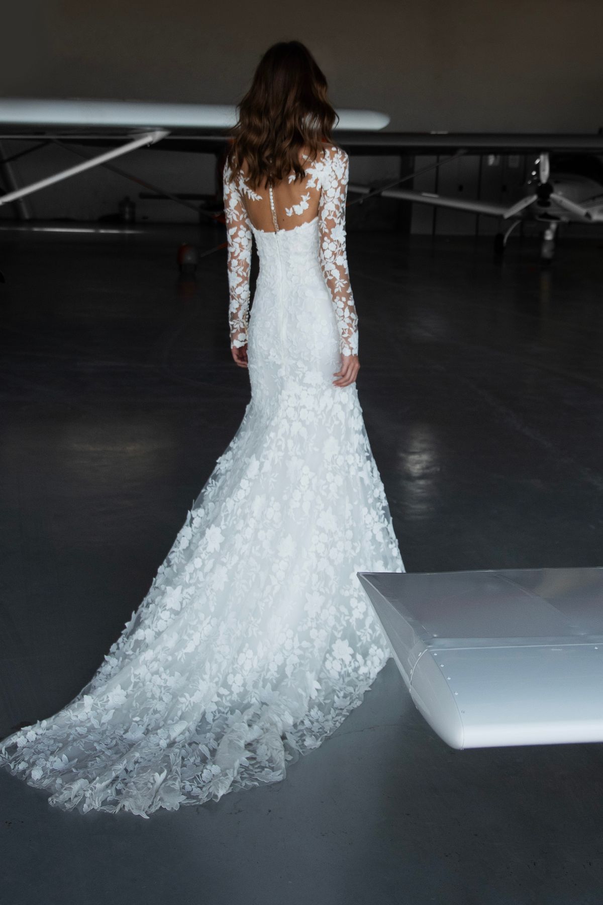 Fitted white lace wedding dress Luminara with lace sleeves bolero and scarf by romanova designer at Dell'Amore Bridal, NZ. 3