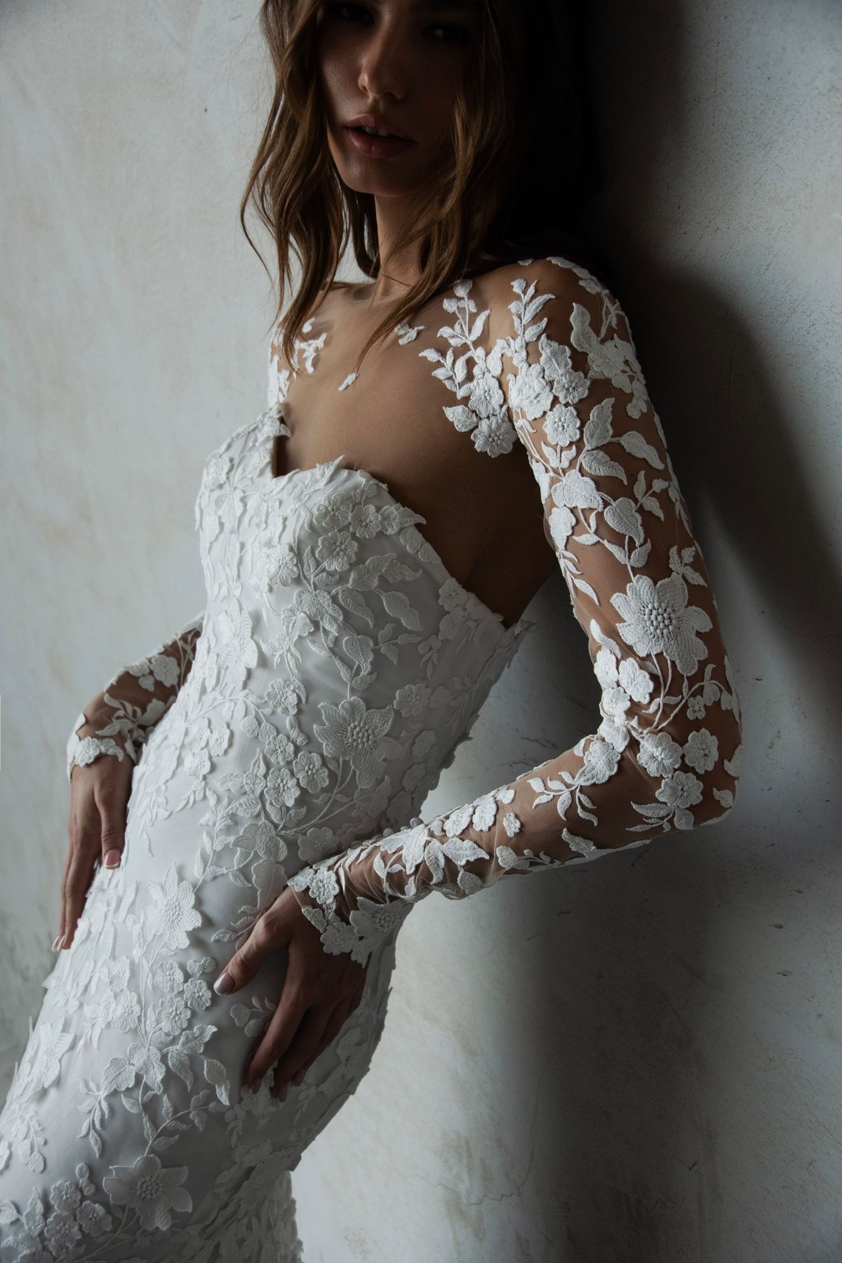 Fitted white lace wedding dress Luminara with lace sleeves bolero and scarf by romanova designer at Dell'Amore Bridal, NZ. 5