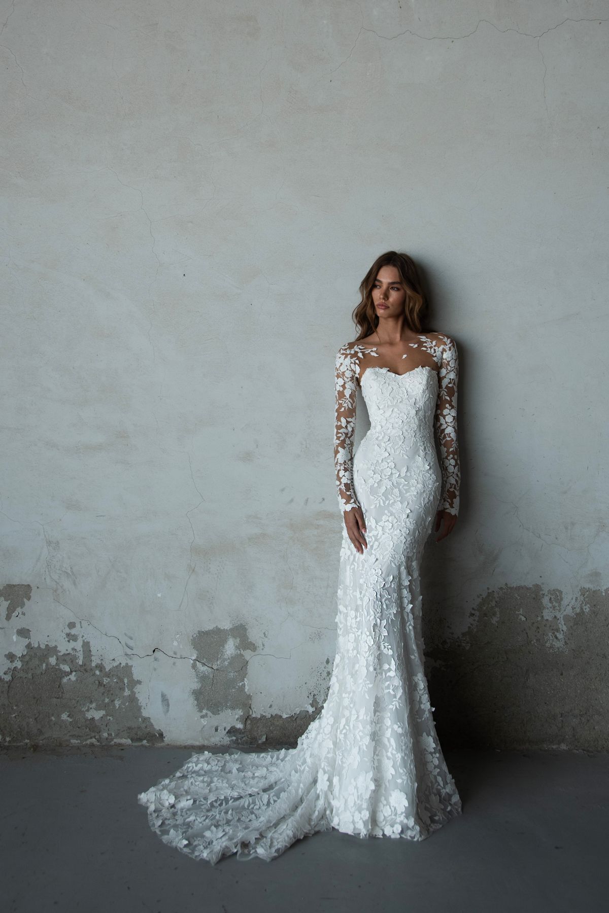 Fitted white lace wedding dress Luminara with lace sleeves bolero and scarf by romanova designer at Dell'Amore Bridal, NZ. 6