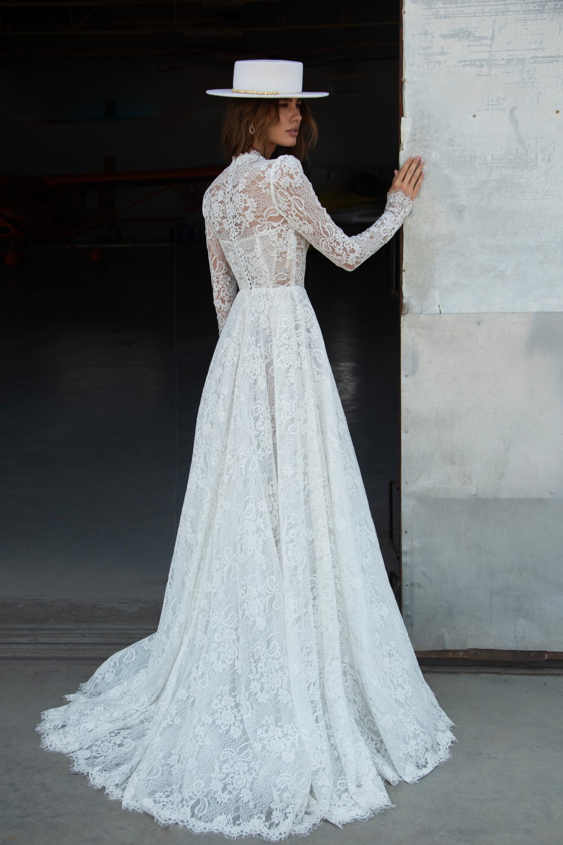 Lace A-line wedding dress Azur with long sleeves by romanova at Dell'Amore Bridal, NZ.4