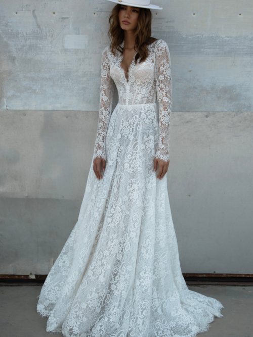 Lace A-line wedding dress Azur with long sleeves by romanova at Dell'Amore Bridal, NZ.1