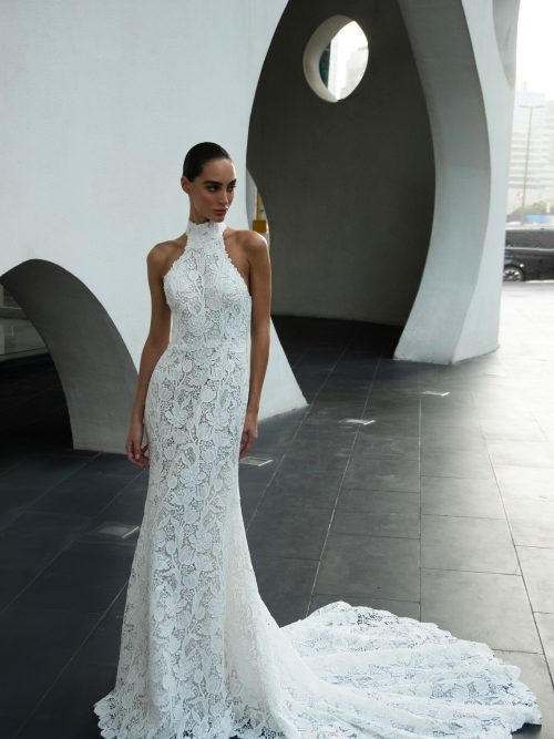 Lace fit and flare wedding dress Denise with halter neckline by patricia couture at Dell'Amore Bridal, NZ. 7