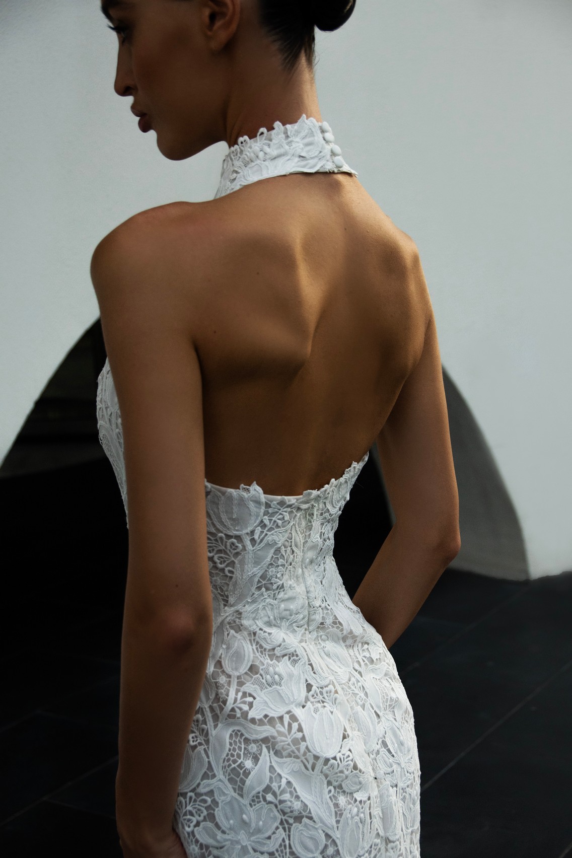 Lace fit and flare wedding dress Denise with halter neckline by patricia couture at Dell'Amore Bridal, NZ. 6