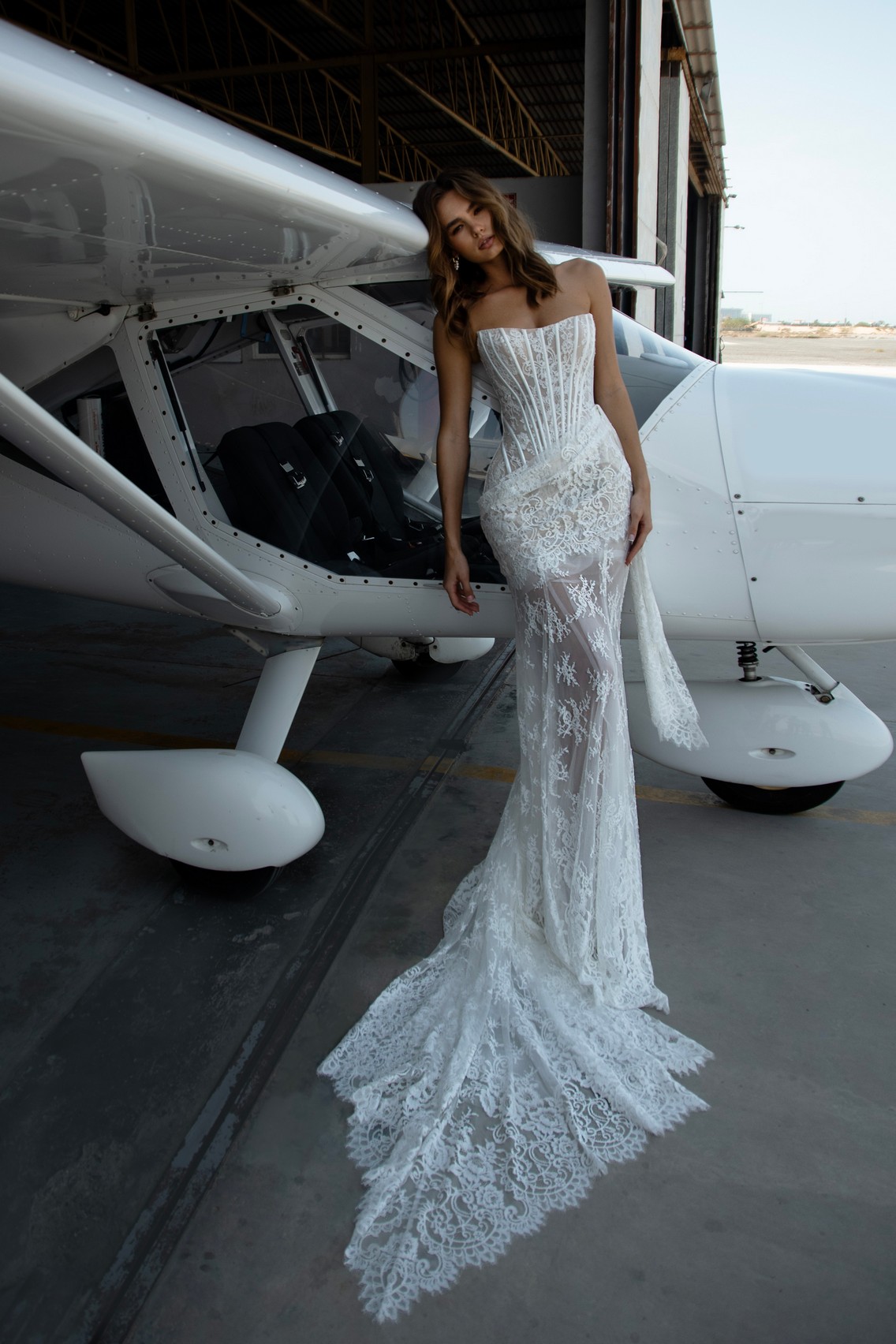 Corseted lace wedding dress Jolie convertible to mini by romanova at Dell'Amore Bridal. NZ. 6