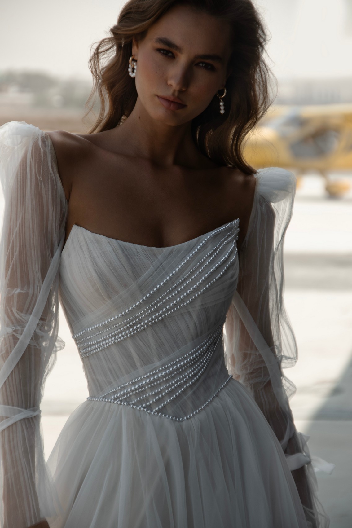 Silk tulle wedding dress Kriss with detachable long sleeves by romanova at Dell'Amore Bridal, NZ. 3