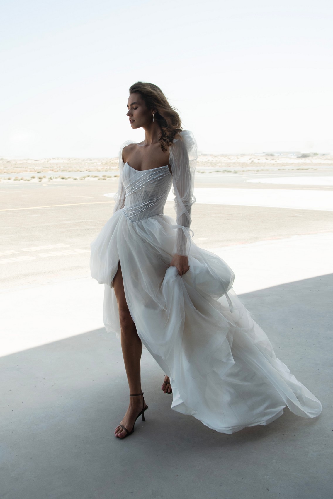 Silk tulle wedding dress Kriss with detachable long sleeves by romanova at Dell'Amore Bridal, NZ. 2
