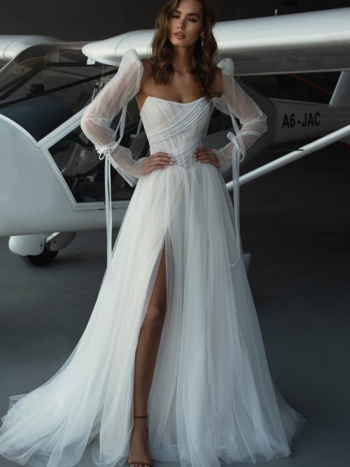 Silk tulle wedding dress Kriss with detachable long sleeves by romanova at Dell'Amore Bridal, NZ. 1
