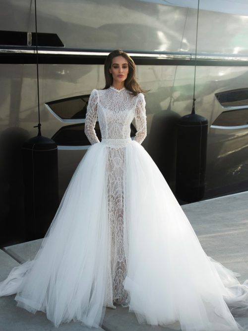 Lace fitted wedding dress Christelle with detachable tulle skirt by patricia couture at Dell'Amore Bridal, NZ. 6
