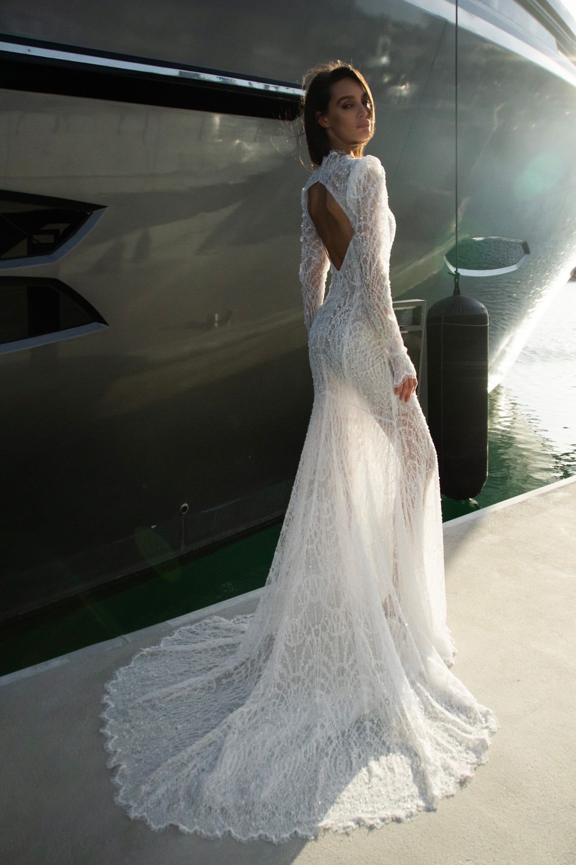 Lace fitted wedding dress Christelle with detachable tulle skirt by patricia couture at Dell'Amore Bridal, NZ. 3