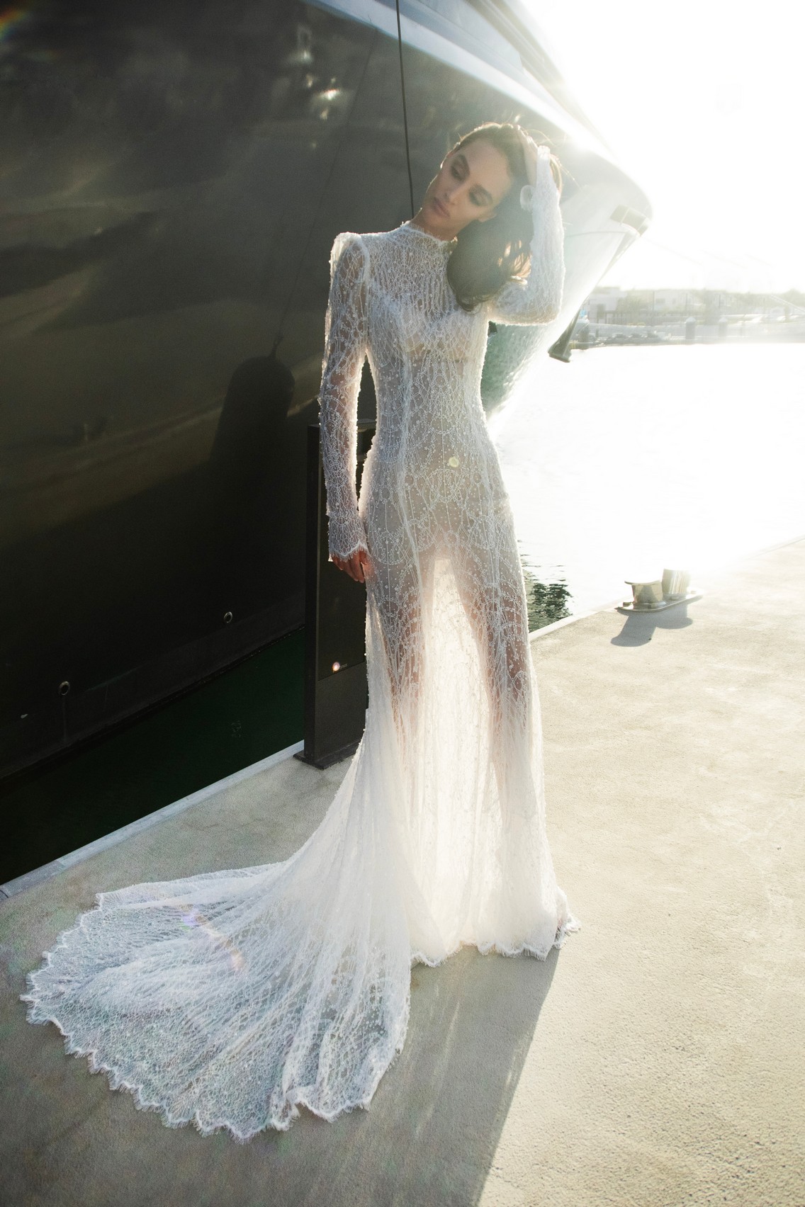 Lace fitted wedding dress Christelle with detachable tulle skirt by patricia couture at Dell'Amore Bridal, NZ. 1