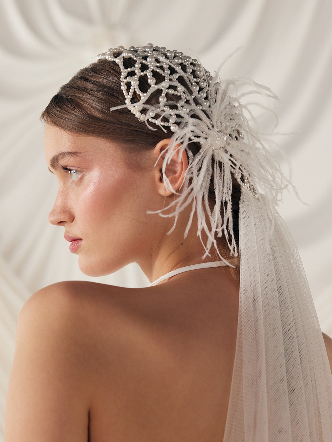 Pearl Feathers Cap Wedding Rhea Veil 3