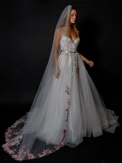 Pink Flowers Wedding Veil