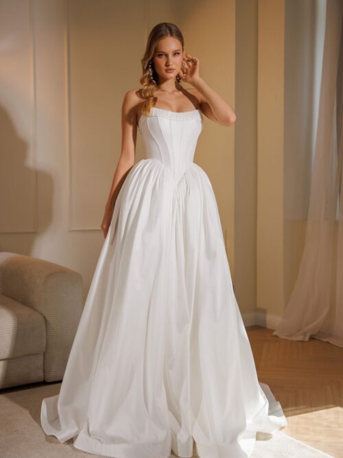 sating wedding dress Delphyne with basque waist from dell'amore bridal. nz 1