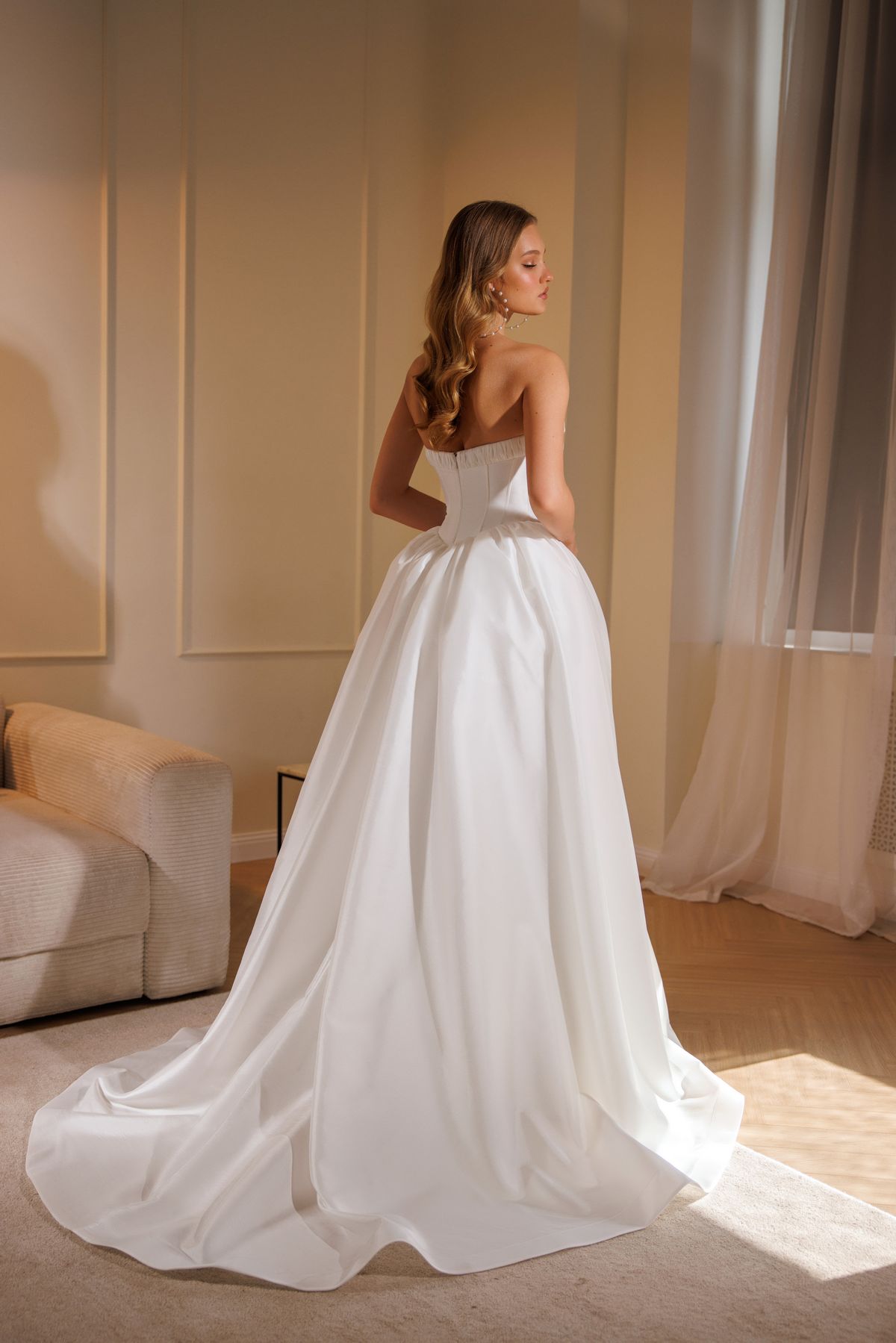 sating wedding dress Delphyne with basque waist from dell'amore bridal. nz 4