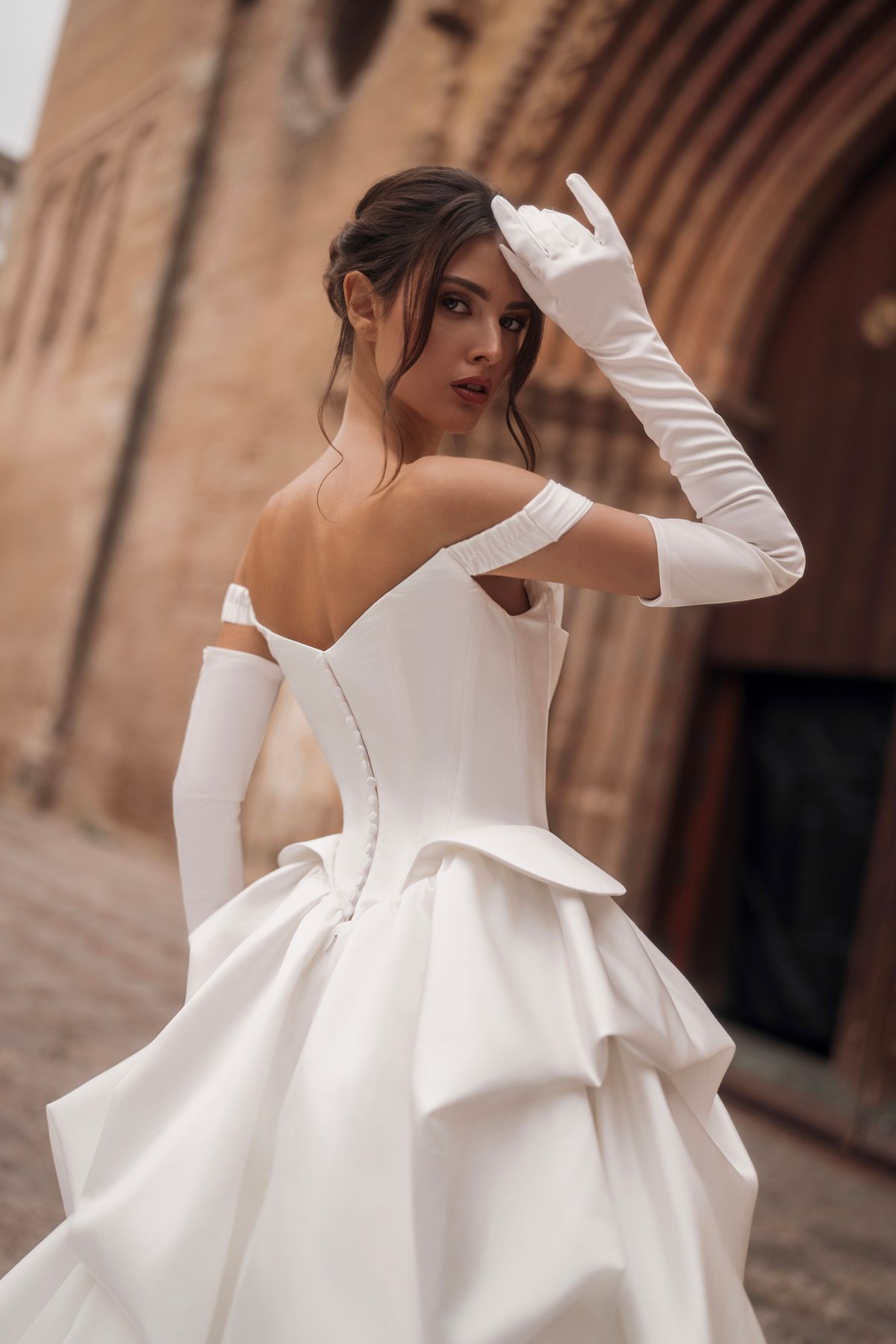 Wedding Dress Ailin with buble skirt and off-the-shoulder sleeves by rara avis, dell'amore bridal, nz (3