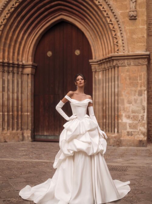 Wedding Dress Ailin with buble skirt and off-the-shoulder sleeves by rara avis, dell'amore bridal, nz (2