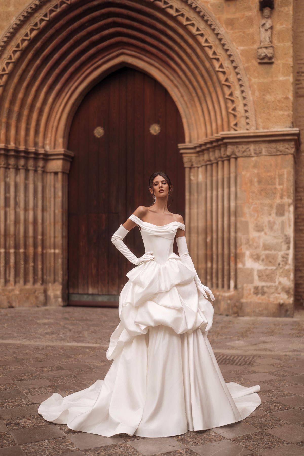 Wedding Dress Ailin with buble skirt and off-the-shoulder sleeves by rara avis, dell'amore bridal, nz (2
