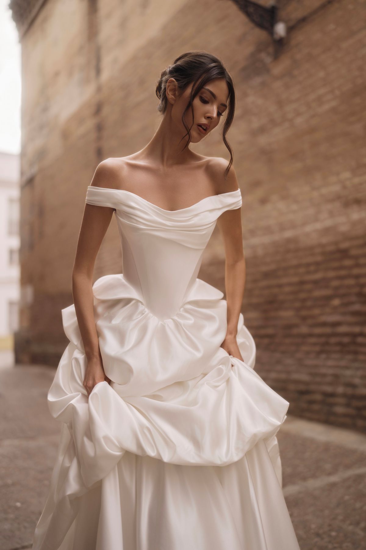 Wedding Dress Ailin with buble skirt and off-the-shoulder sleeves by rara avis, dell'amore bridal, nz (1)