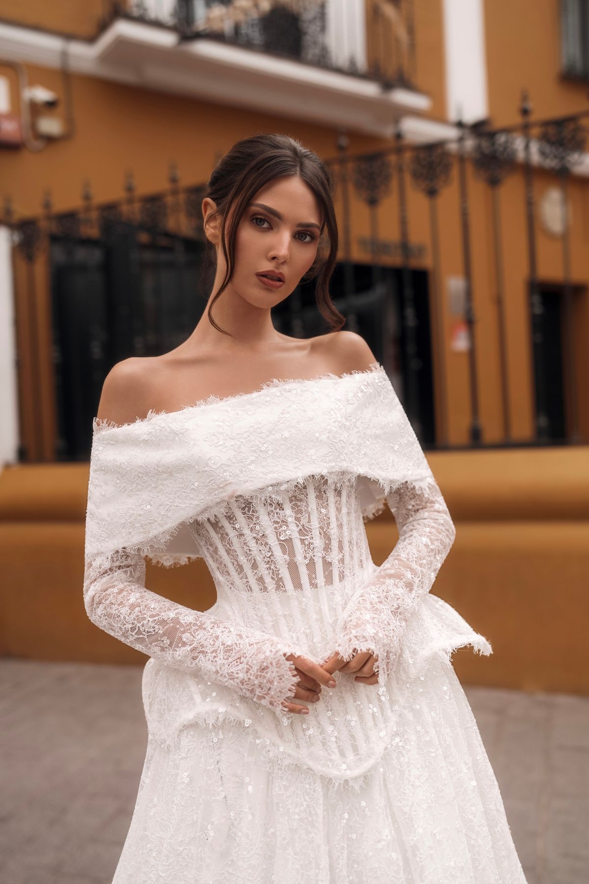 wedding dress Shema with convertable skirts and lace bolero from rara avis designer, nz 3
